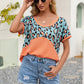 SOSPRING Leopard Waffle-Knit Short Sleeve Top