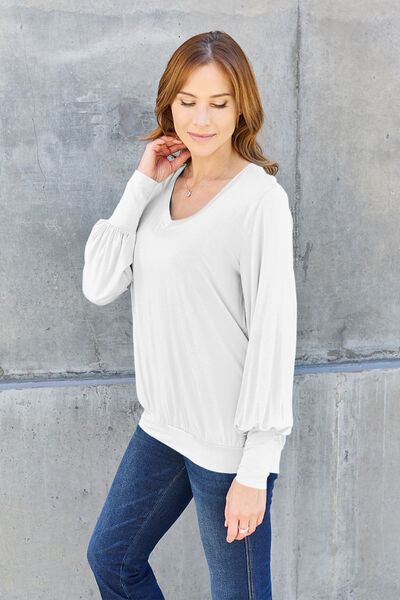 Basic Bae Full Size V-Neck Lantern Sleeve Blouse *