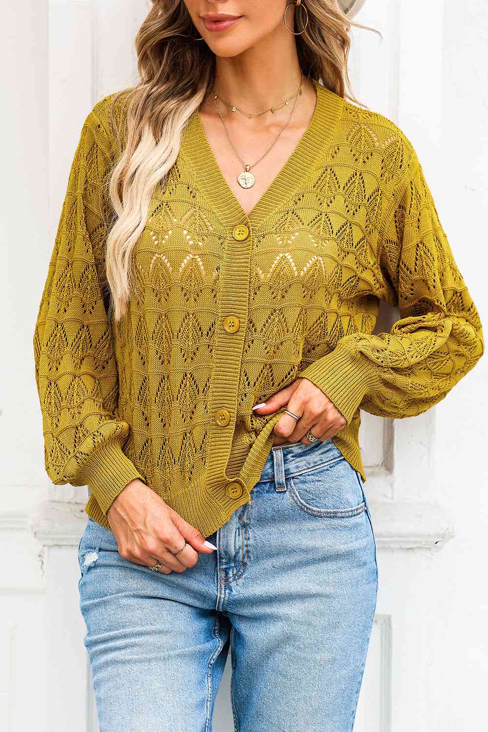 Full Size Openwork V-Neck Cardigan