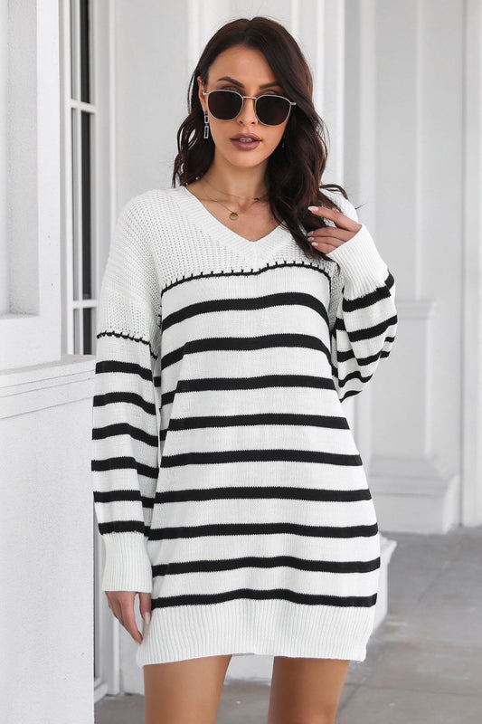 Athena Rea Striped V-Neck Drop Shoulder Sweater Dress