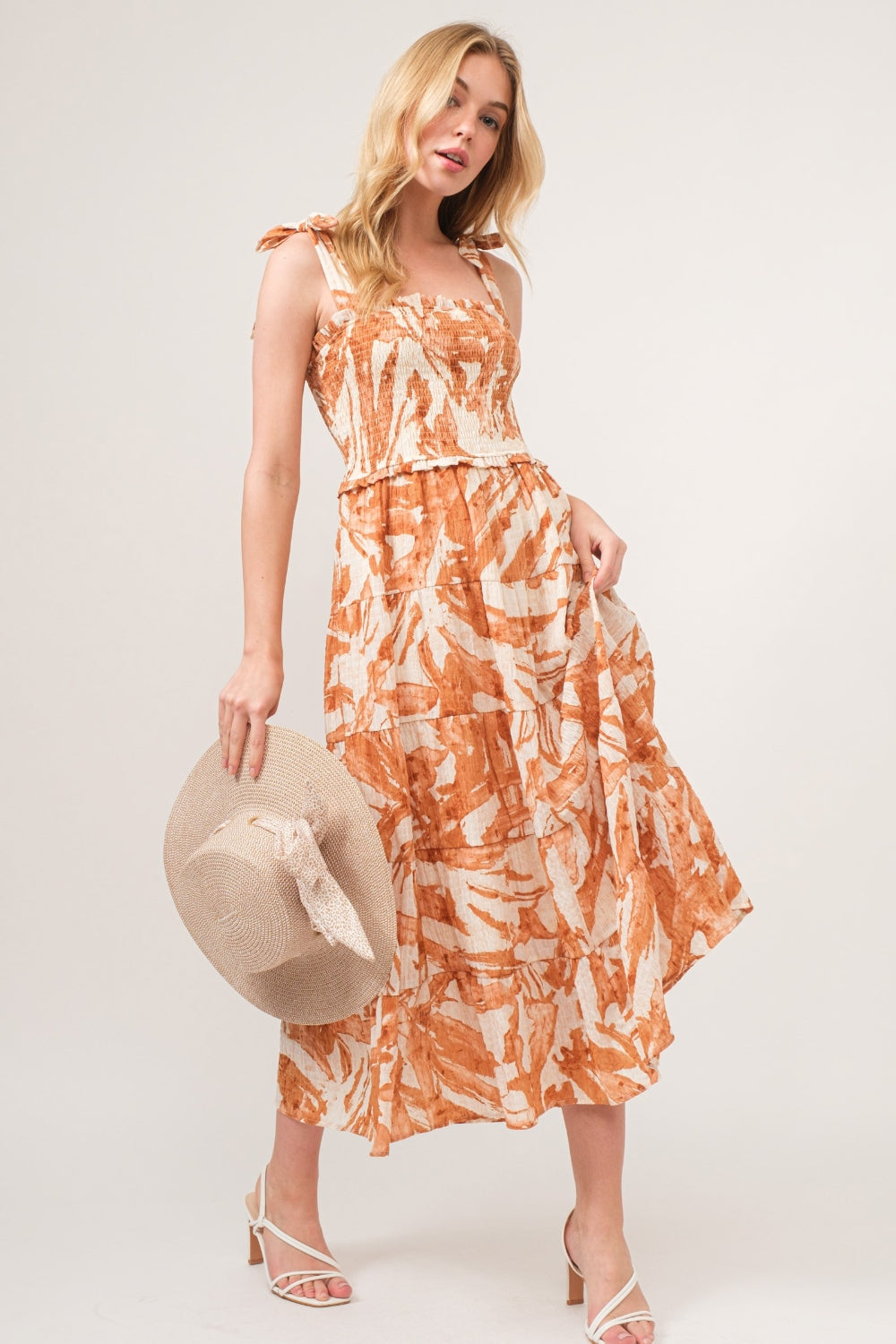 And The Why Tie Shoulder Smocked Midi Tiered Dress *