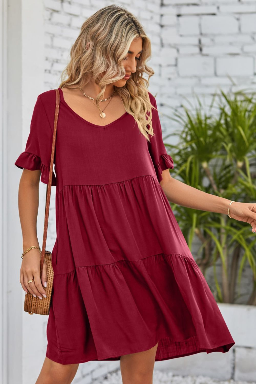 SO BOHO Full Size V-Neck Flounce Sleeve Tiered Dress