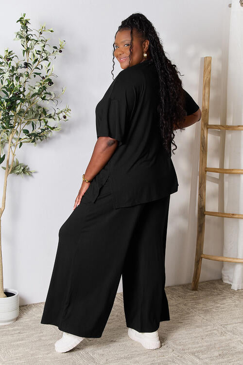 Double Take Full Size Round Neck Slit Top and Pants Set *