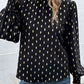 Geometric Print Frill Neck Lantern Sleeve Black Blouse