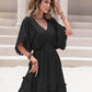 Tassel Trim Smocked V-Neck Short Sleeve Dress