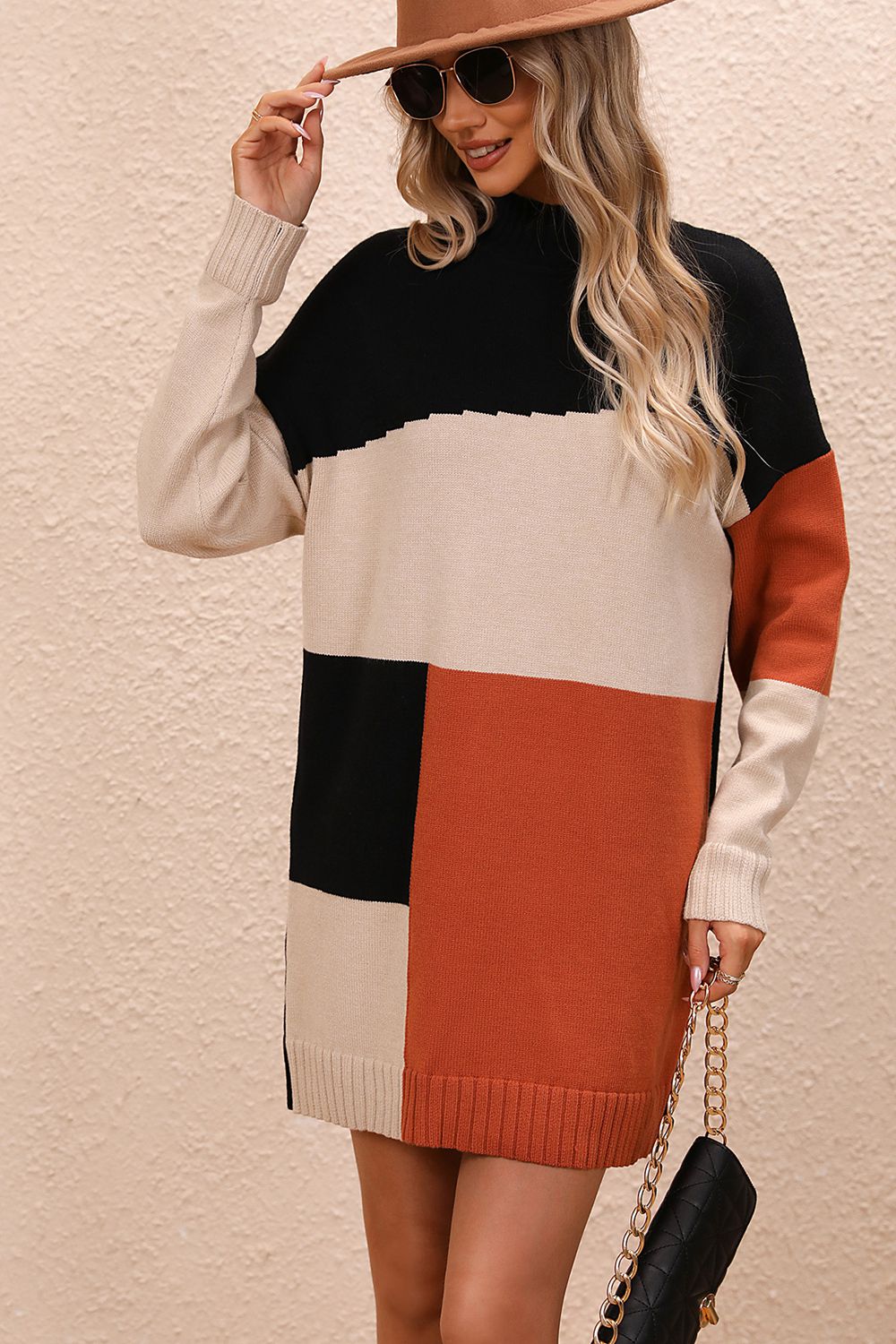 TrendSetEE Color Block Mock Neck Dropped Shoulder Sweater Dress