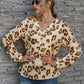 Leopard V-Neck Decorative Button Long Sleeve Blouse