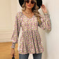 Full Size Printed V-Neck Lantern Sleeve Blouse