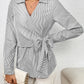 Bow Tie Waist Johnny Collar Neck Striped Blouse