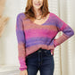 Double Take Multicolored Rib-Knit V-Neck Knit Pullover