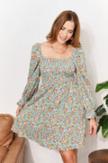 Double Take Floral Smocked Flounce Sleeve Square Neck Dress *