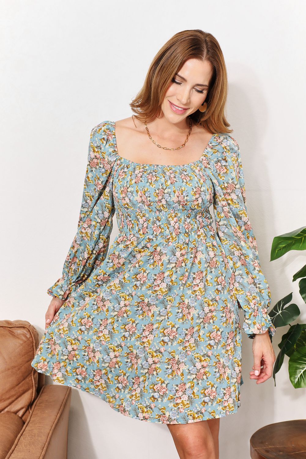 Double Take Floral Smocked Flounce Sleeve Square Neck Dress *