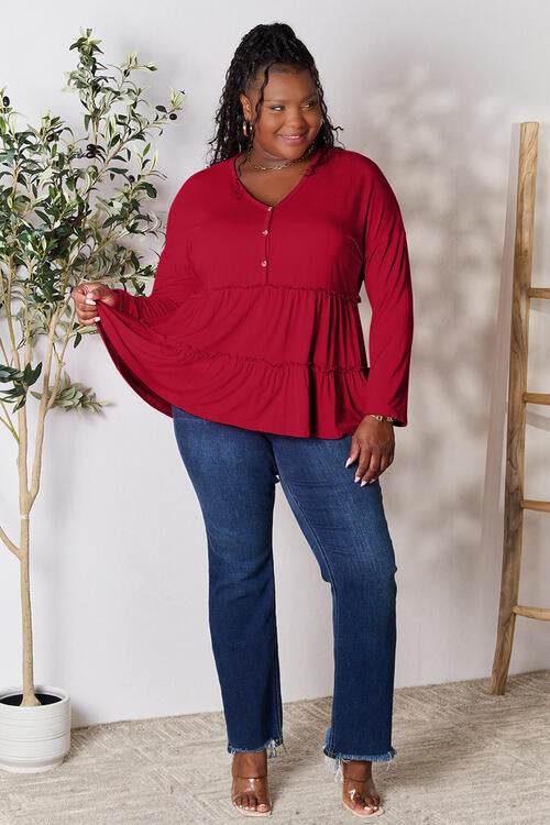 Double Take Half Button Long Sleeve Ruffle Hem Blouse *