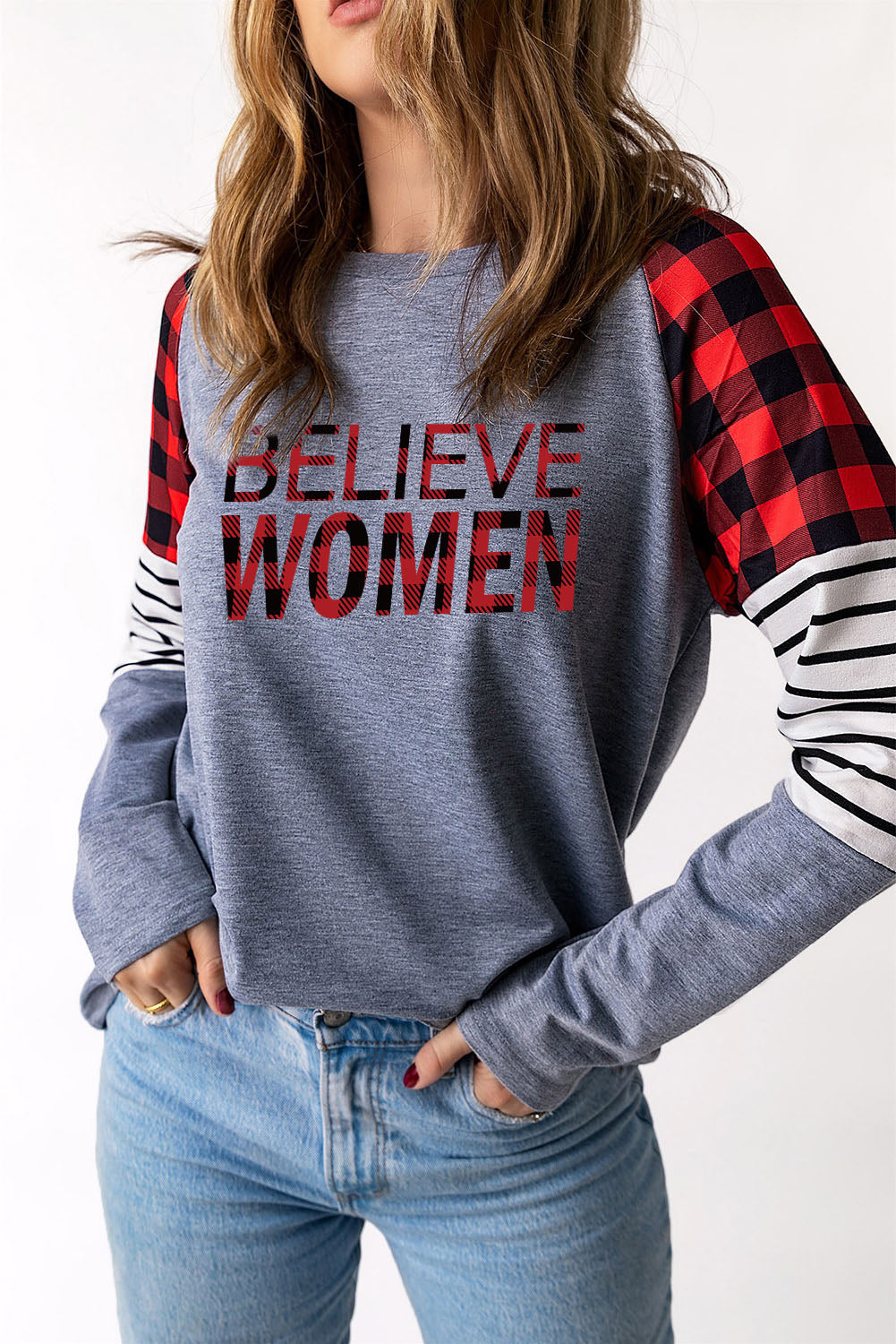 Women's Full Size BELIEVE WOMEN Plaid Striped Raglan Sleeve Top