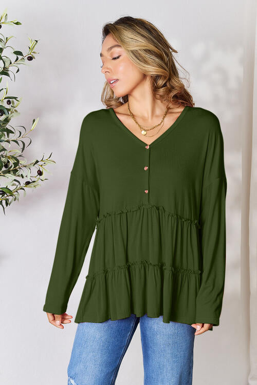 Double Take Half Button Long Sleeve Ruffle Hem Blouse *