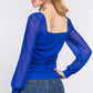 ACTIVE BASIC Square Neck Mesh Long Sleeve Shirring Top
