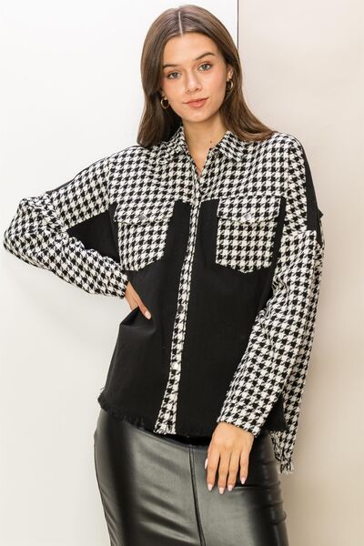 HYFVE Houndstooth Contrast Raw Hem Jacket *