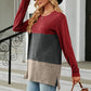Full Size Color Block Round Neck Long Sleeve Slit T-Shirt