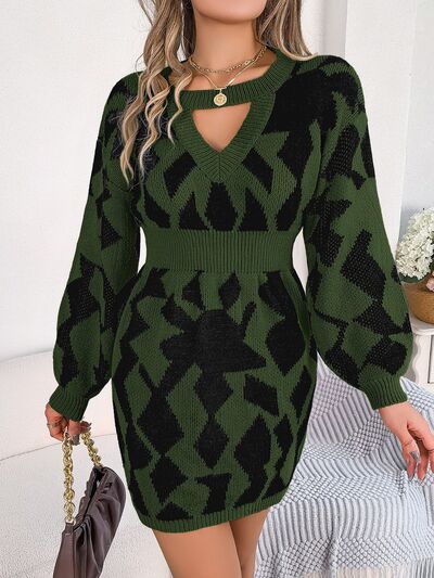 Hannah Contrast Round Neck Cutout Long Sleeve Mini Sweater Dress