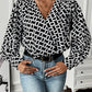 Geometric V-Neck Black Long Sleeve Blouse