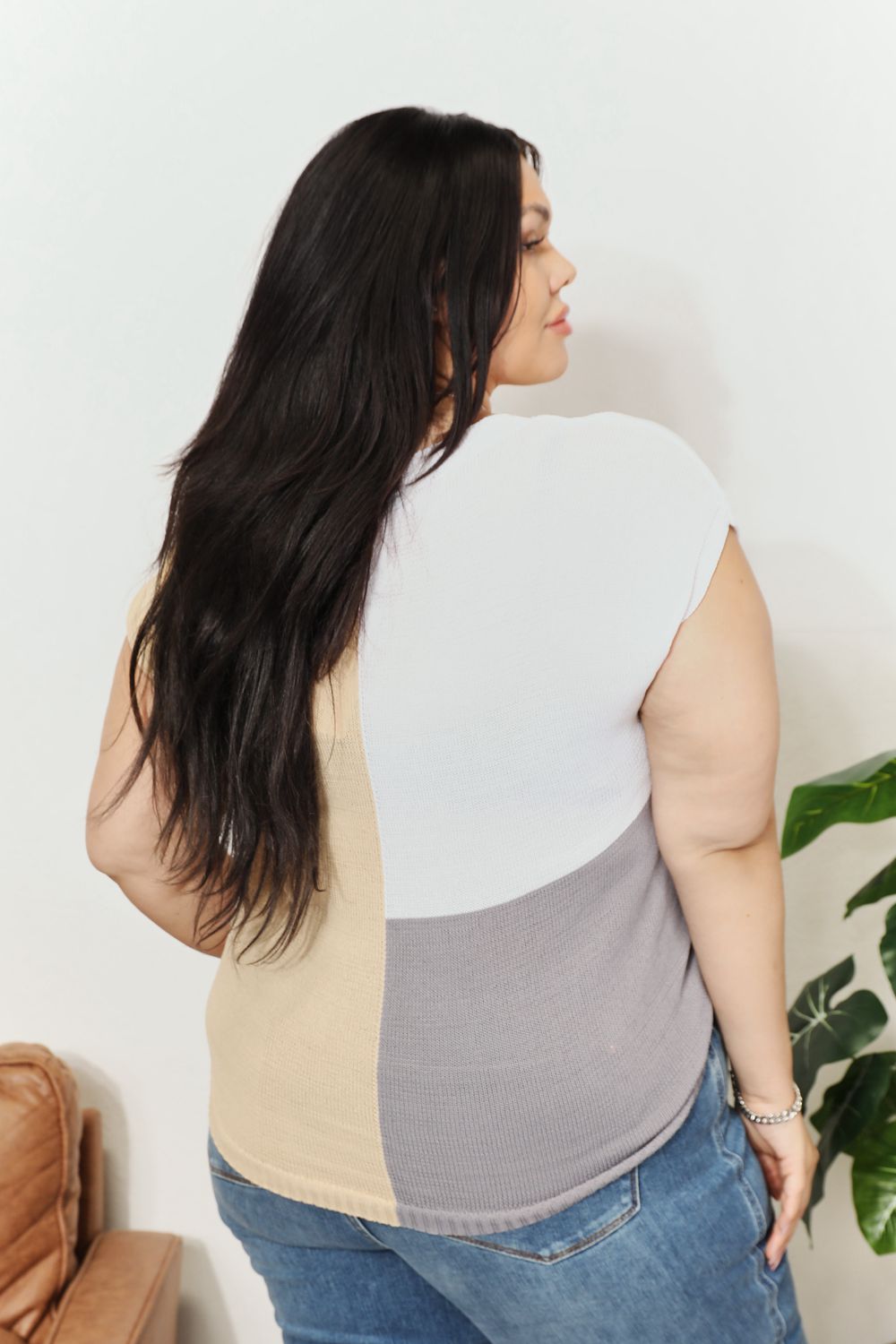 Double Take Color Block V-Neck Knit Top *