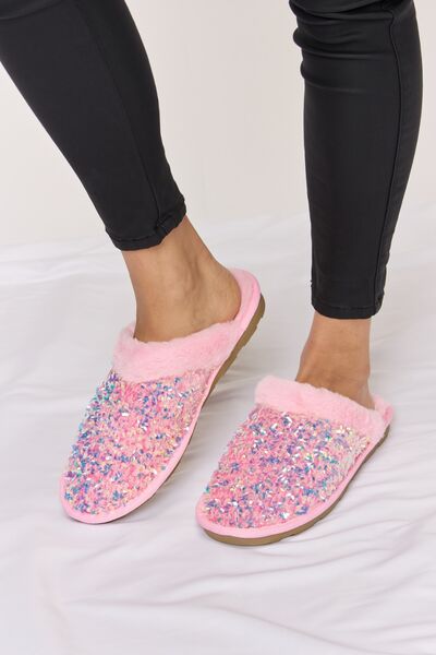 Forever Link Pink Sequin Plush Round Toe Slippers *