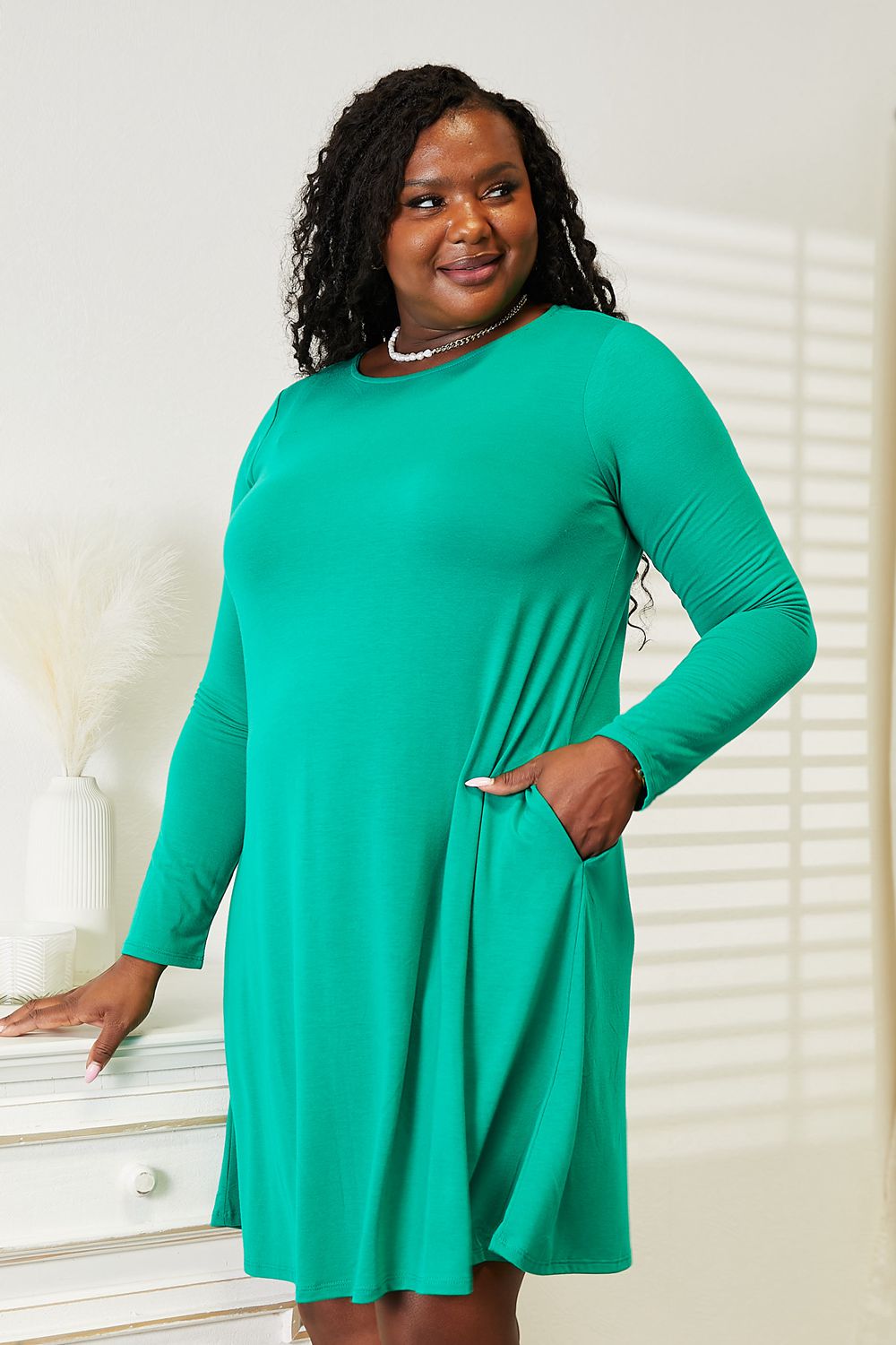 Zenana Full Size Teal Long Sleeve Flare Dress with Pockets