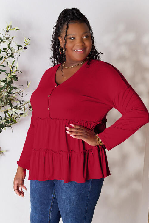 Double Take Half Button Long Sleeve Ruffle Hem Blouse *