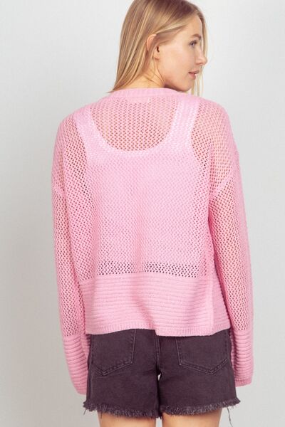 VERY J Pink Eyelet Open Front Long Sleeve Cardigan *