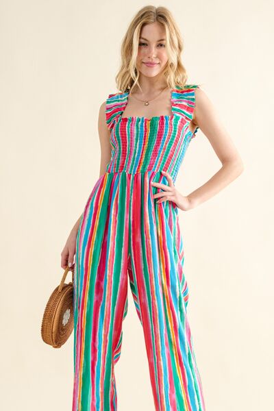 And The Why Full Size Striped Smocked Sleeveless Jumpsuit *