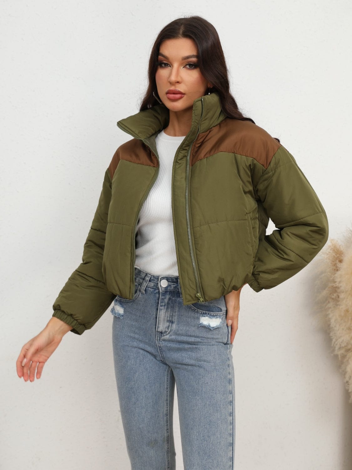 Full Size Two-Tone Zip-Up Puffer Jacket