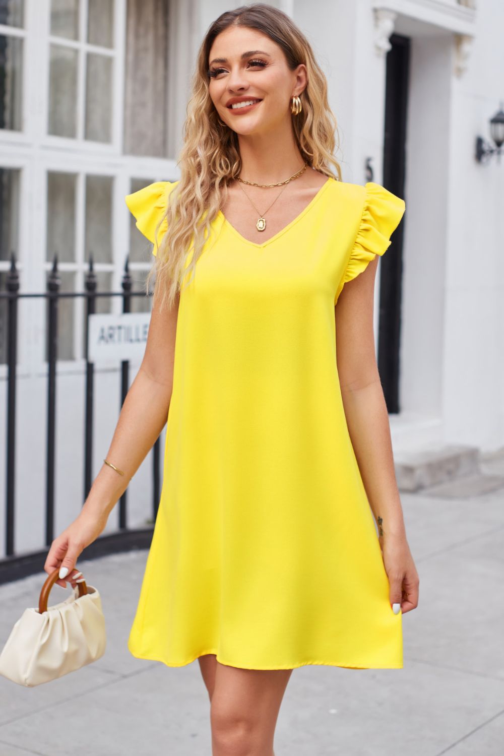 Full Size Ruffled V-Neck Flutter Sleeve Dress