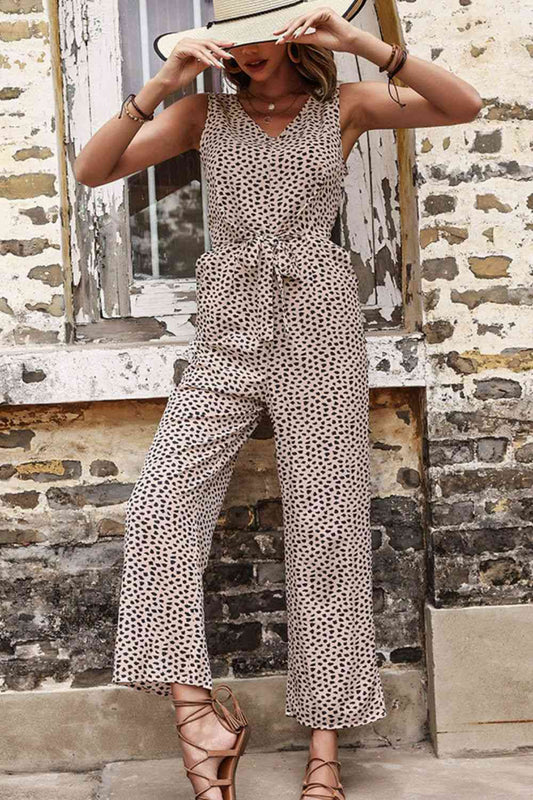 Khaki Printed Tie Front Sleeveless Jumpsuit