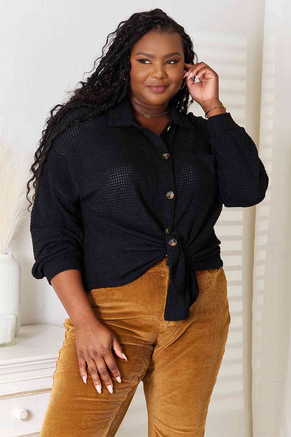 Double Take Waffle-Knit Collared Neck Dropped Shoulder Shirt *