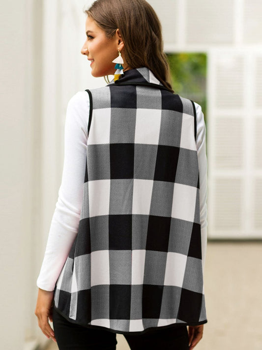 LakenLea Full Size Plaid Open Front Sleeveless Cardigan