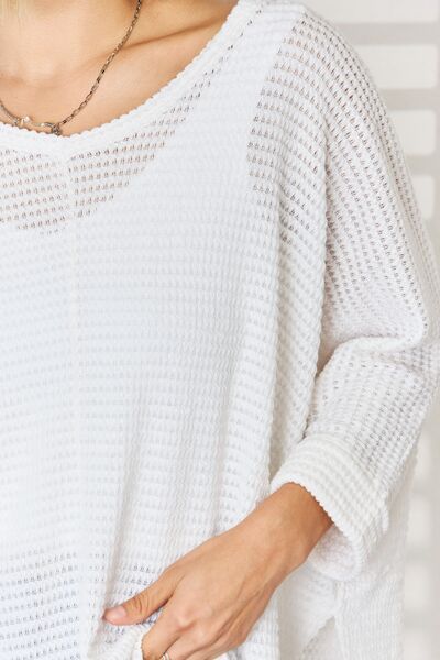 Zenana Full Size Waffle Knit V-Neck Long Sleeve Slit Top - Brand Zenana *