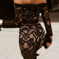 Black Off-Shoulder Long Sleeve Lace Dress