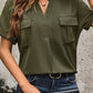 Pocketed Notched Short Sleeve Blouse