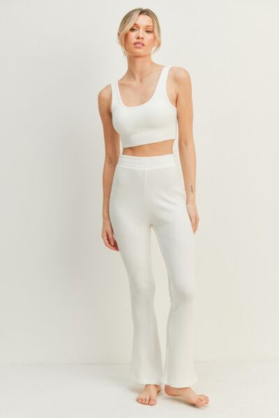 Kimberly C White Waffle Tank and High Waist Flare Pants Set *