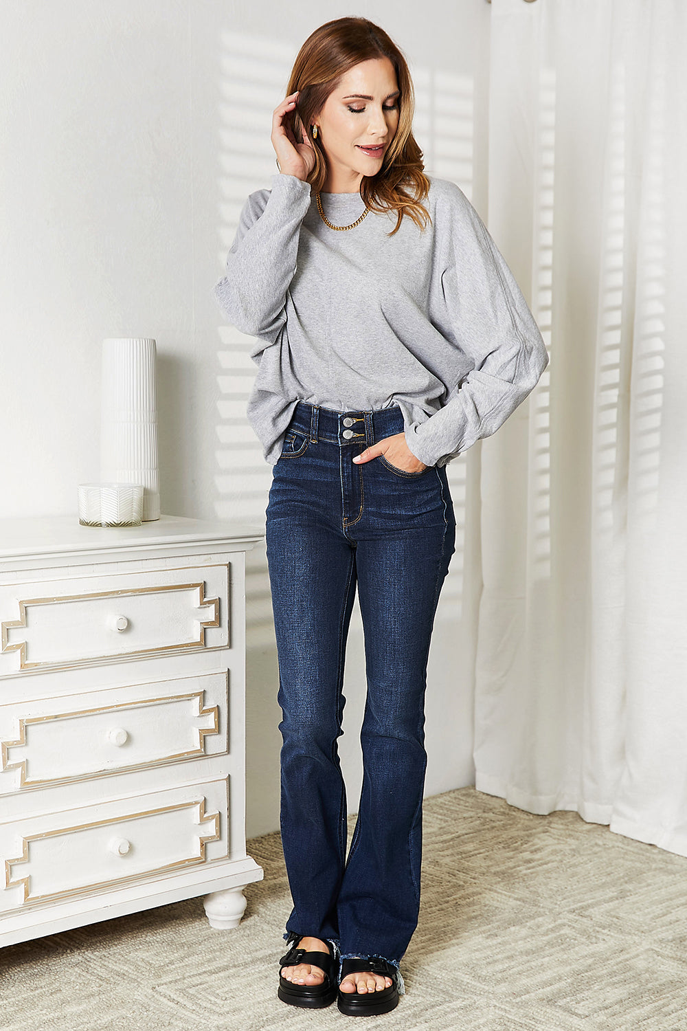 Double Take Light Gray Full Size Seam Detail Round Neck Long Sleeve Top *