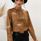 Leopard Graphic Mock Neck Puff Sleeve Blouse