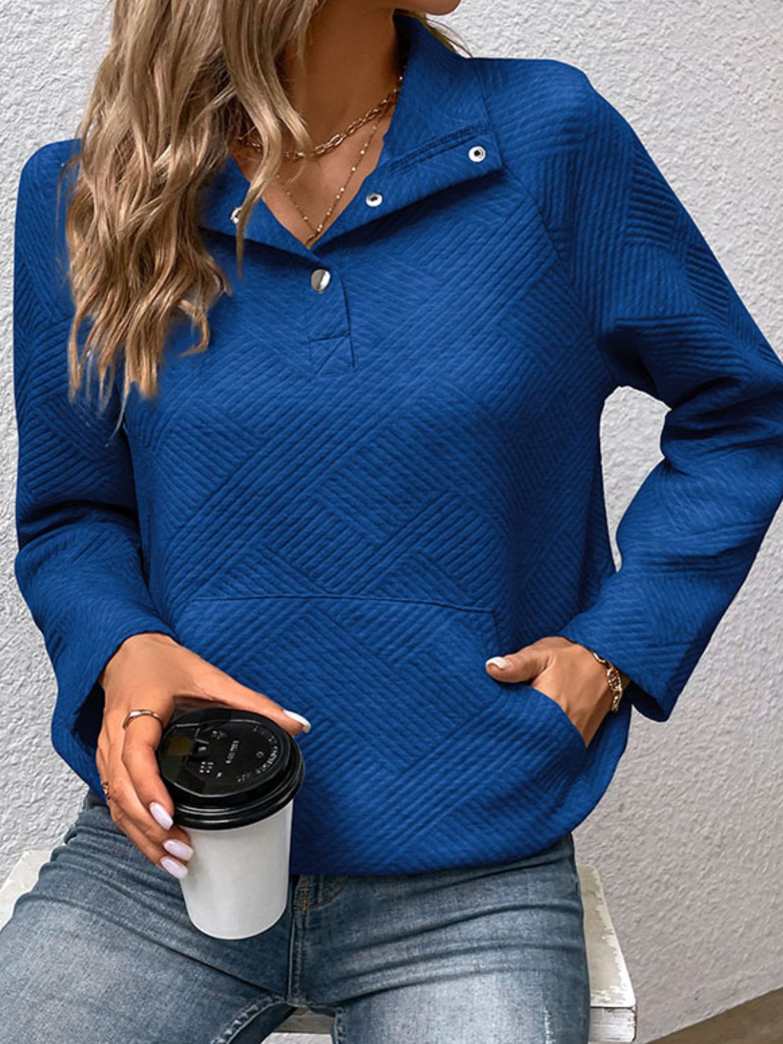 Raglan Sleeve Collared Neck Sweatshirt with Pocket