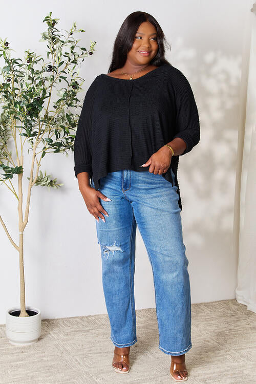 Zenana Full Size Round Neck High-Low Slit Knit Top *
