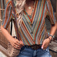 Printed V-Neck Button-Up Short Sleeve Top