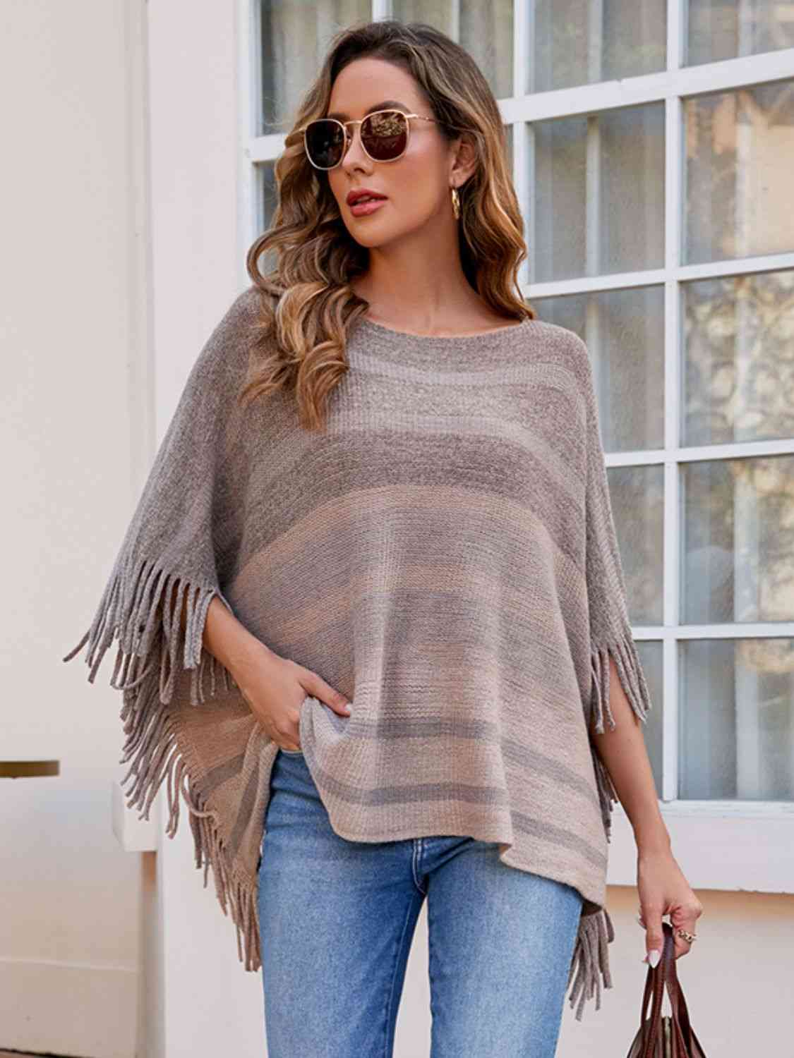 One Size Striped Boat Neck Poncho with Fringes