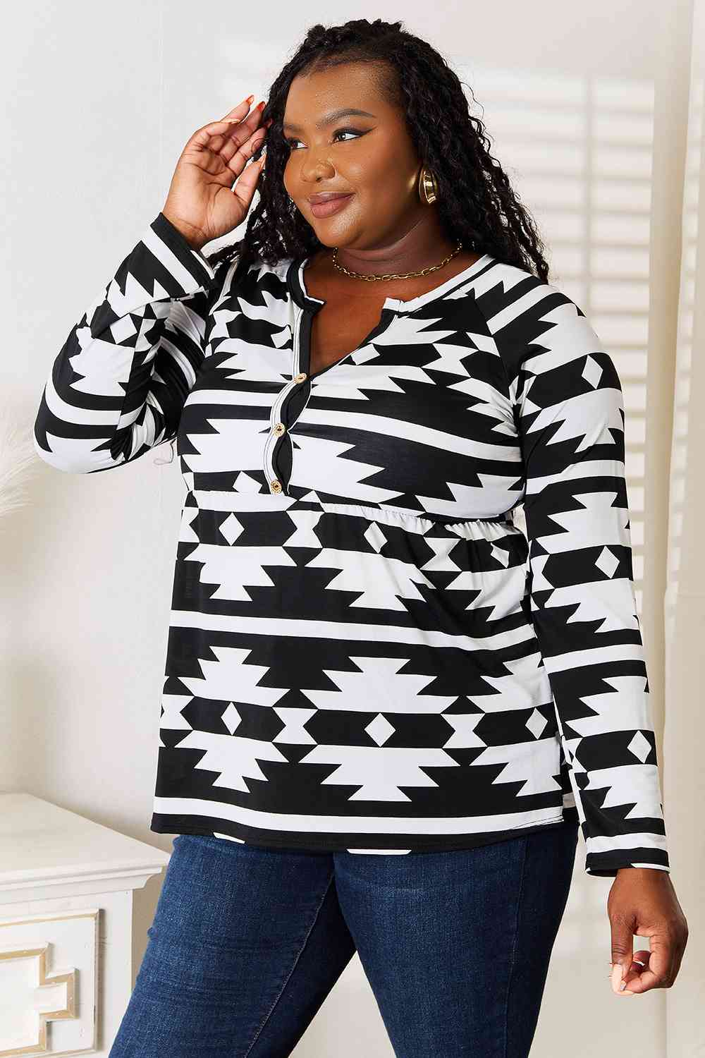 Heimish Full Size Geometric Notched Neck Long Sleeve Top *