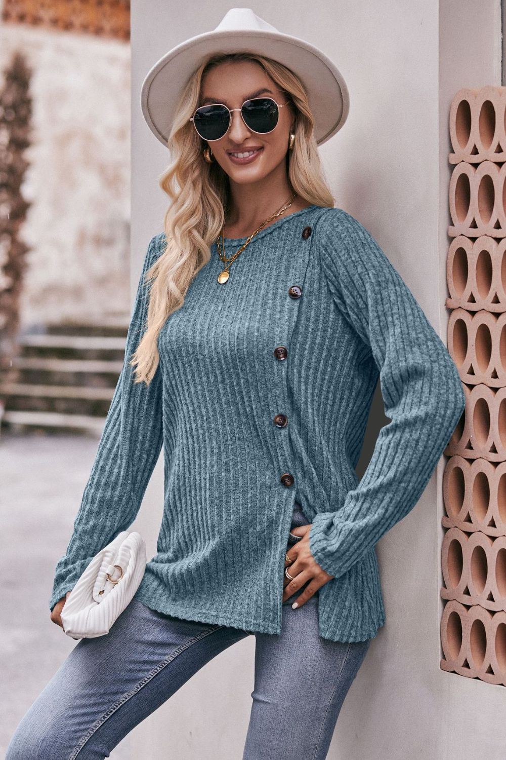 Full Size Ribbed Round Neck Buttoned Tee