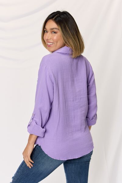 Zenana Texture Button Up Raw Hem Long Sleeve Shirt - Brand Zenana