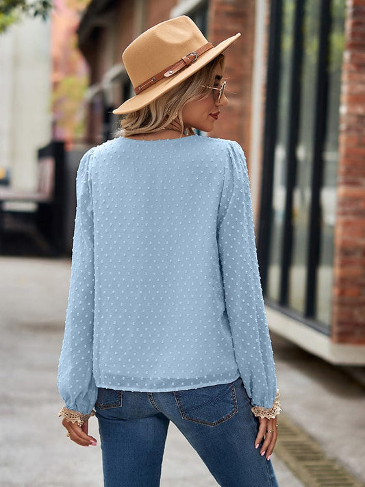 Full Size Swiss Dot V-Neck Long Sleeve Blouse
