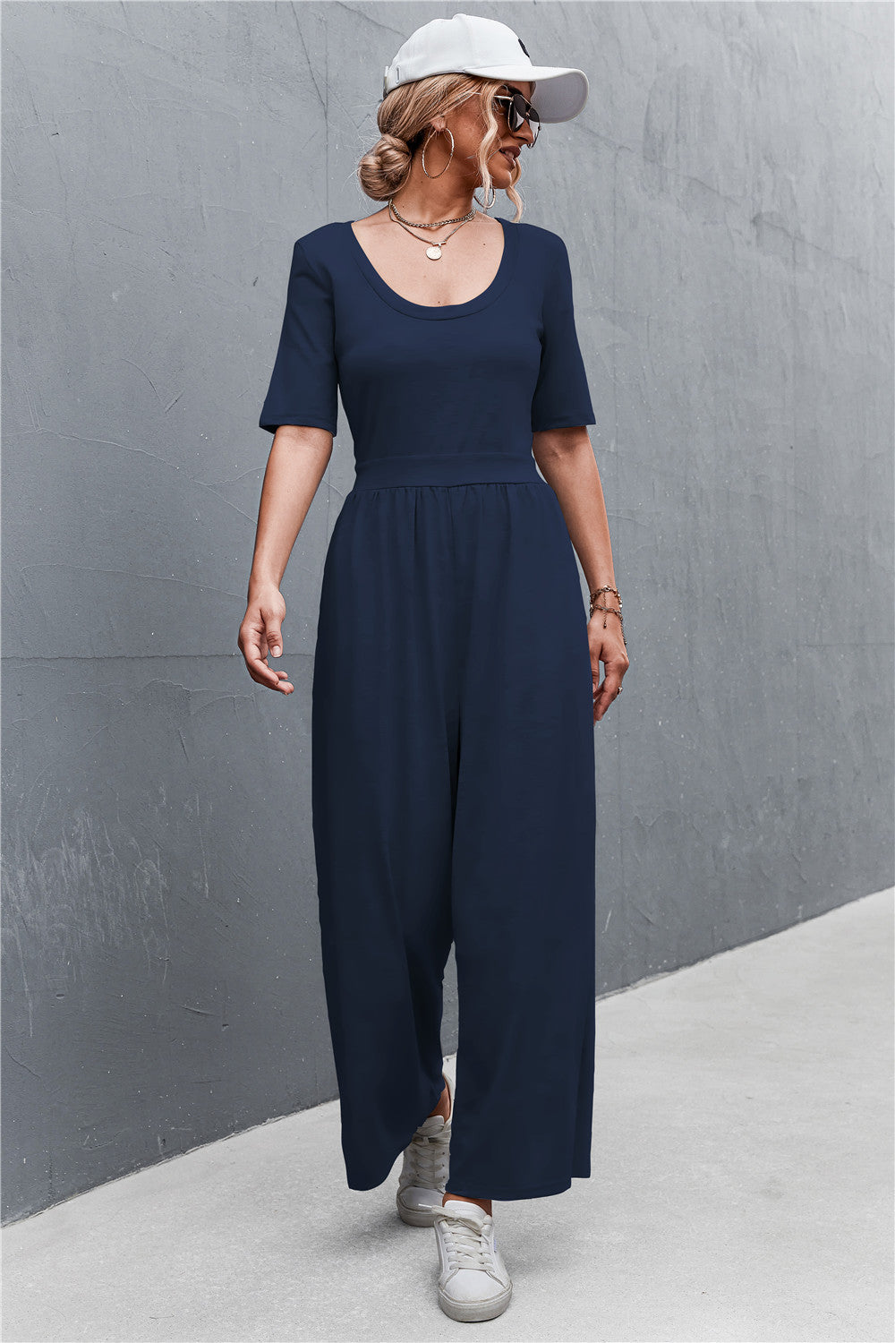 Women's Scoop Neck Half Sleeve Wide Leg Jumpsuit